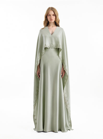 Gemy Maalouf V-Neck Gown With Embroidered Cape Pale Sage