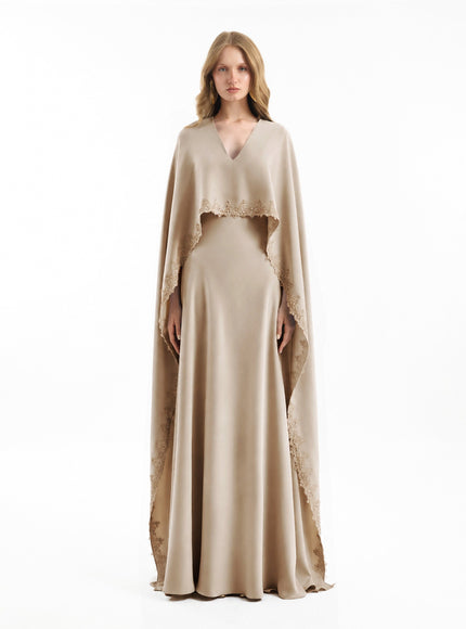 Gemy Maalouf V-Neck Gown With Embroidered Cape Sand