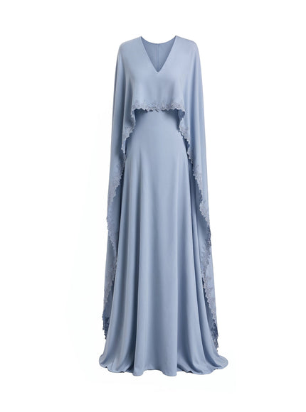 Gemy Maalouf V-Neck Gown With Embroidered Cape Blue