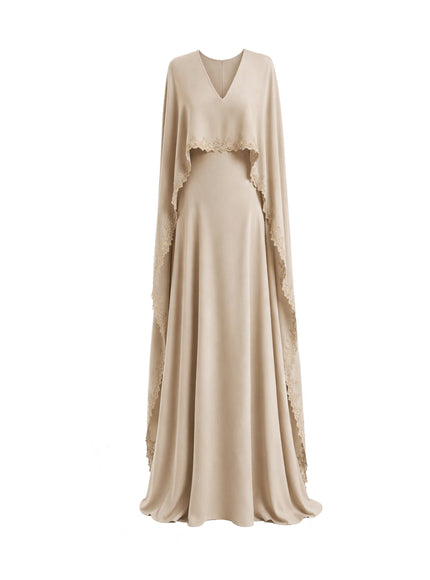 Gemy Maalouf V-Neck Gown With Embroidered Cape Sand