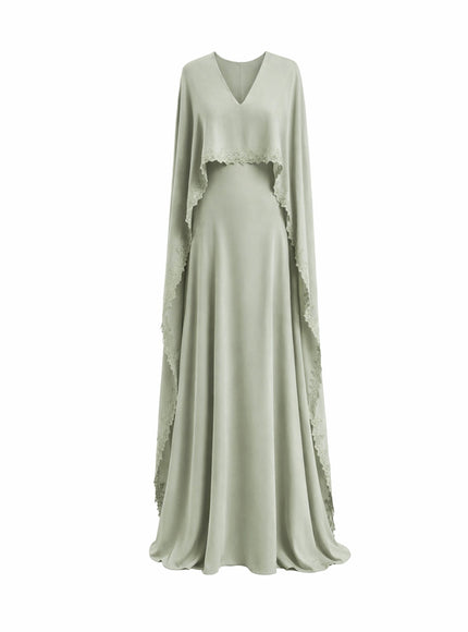 Gemy Maalouf V-Neck Gown With Embroidered Cape Pale Sage