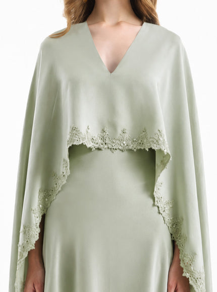 Gemy Maalouf V-Neck Gown With Embroidered Cape Pale Sage