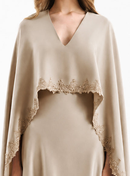 Gemy Maalouf V-Neck Gown With Embroidered Cape Sand