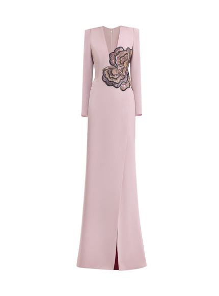 Gemy Maalouf Beaded Floral V-Neck Gown