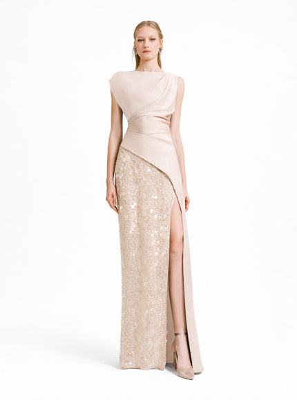 Gemy Maalouf Asymmetrical Draped Champagne Satin Gown