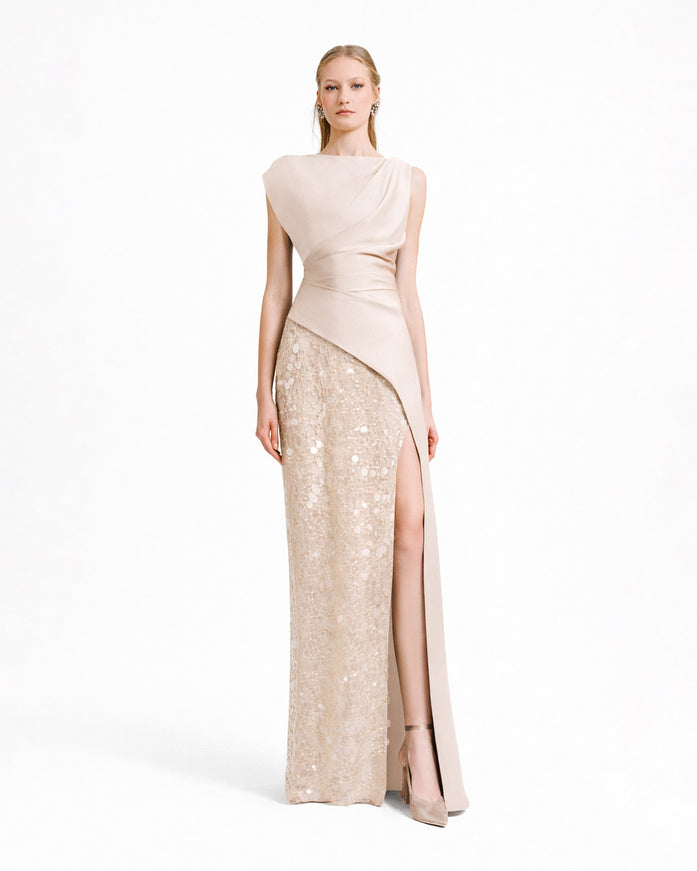 Gemy Maalouf Asymmetrical Draped Champagne Satin Gown