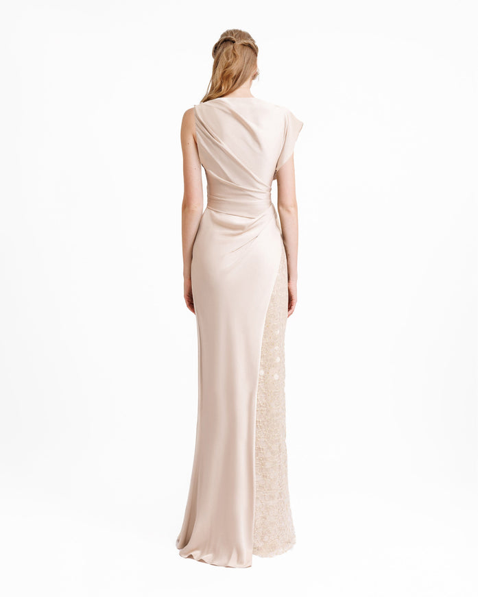 Gemy Maalouf Asymmetrical Draped Champagne Satin Gown
