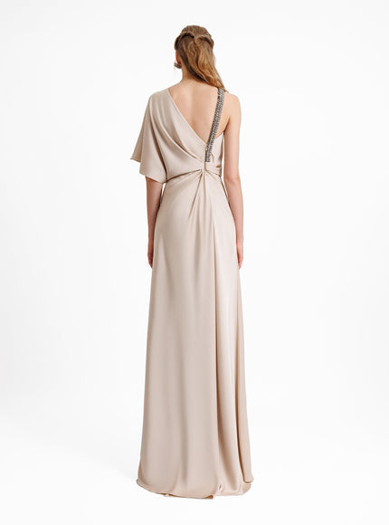 Gemy Maalouf Asymmetrical Neckline Draping Gown Champagne