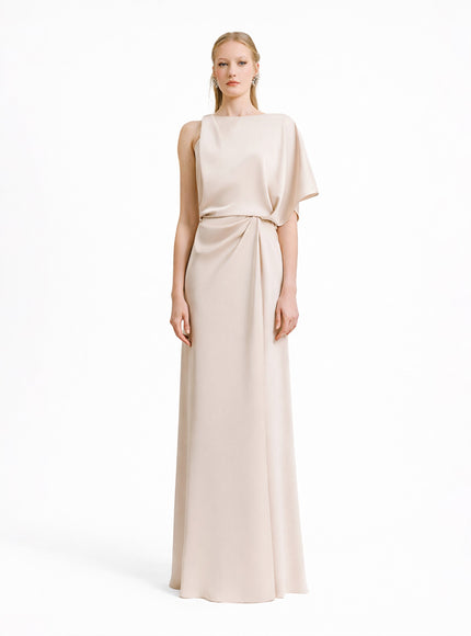 Gemy Maalouf Asymmetrical Neckline Draping Gown Champagne