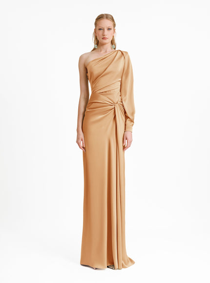 Gemy Maalouf One-Shoulder Draped Gown No. 1954 Camel