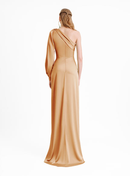 Gemy Maalouf One-Shoulder Draped Gown No. 1954 Camel
