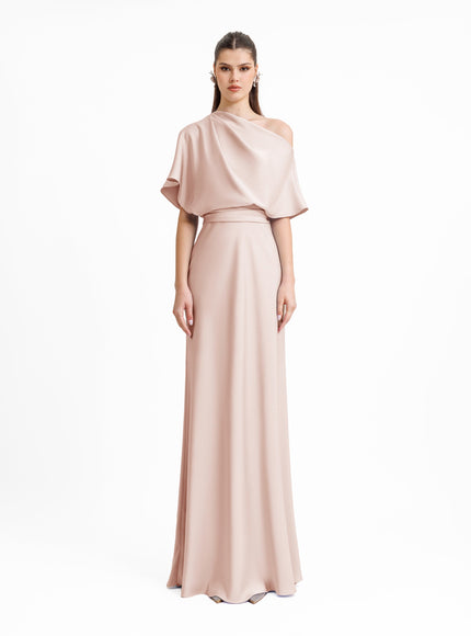 Gemy Maalouf Asymmetrical Draped Neckline Gown No. 1955 Pink