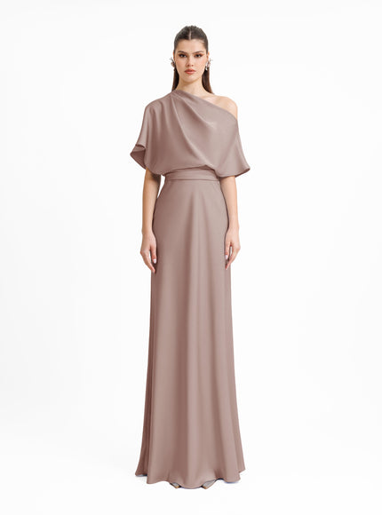 Gemy Maalouf Asymmetrical Draped Neckline Gown No. 1955 Brown
