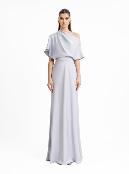 Gemy Maalouf Asymmetrical Draped Neckline Gown No. 1955 Blue