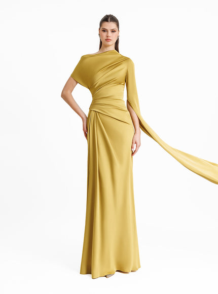 Gemy Maalouf Asymmetrical Neckline Draped Gown No. 1956 Green