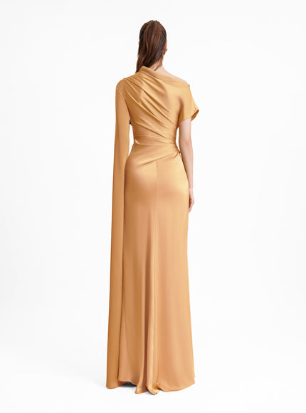 Gemy Maalouf Asymmetrical Neckline Draped Gown No. 1956 Brown