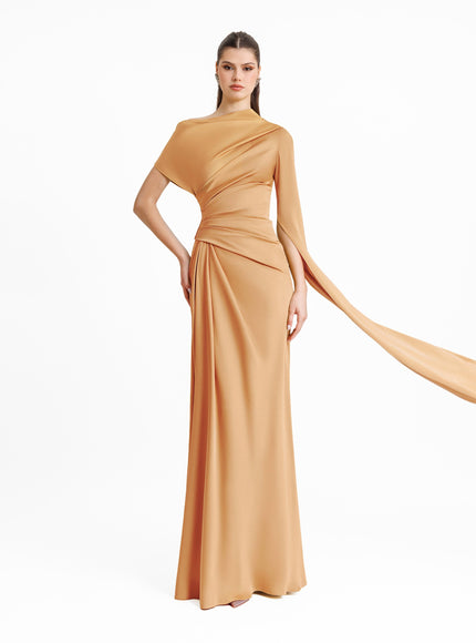 Gemy Maalouf Asymmetrical Neckline Draped Gown No. 1956 Brown