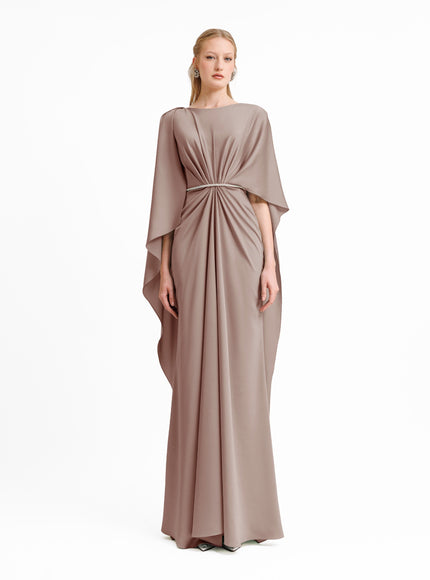 Gemy Maalouf Asymmetrical Sleeve Cape-Like Gown Brown