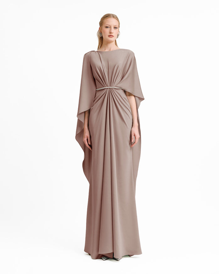 Gemy Maalouf Asymmetrical Sleeve Cape-Like Gown Brown