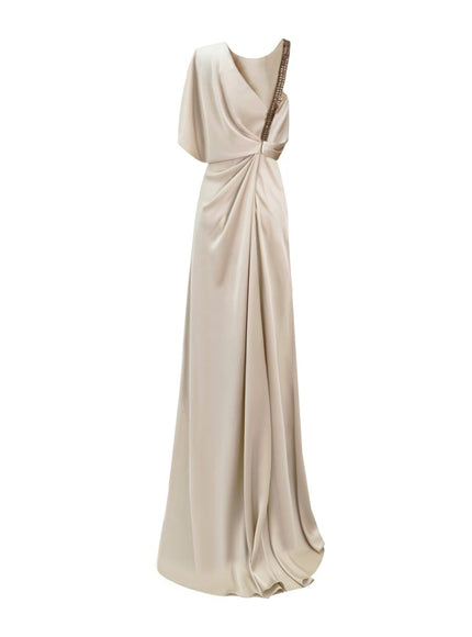 Gemy Maalouf Asymmetrical Neckline Draping Gown Champagne