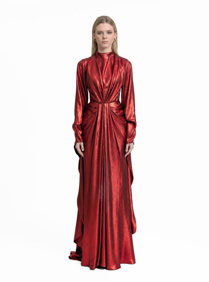 Gemy Maalouf Draped Lamé Gown With Ruffles Red