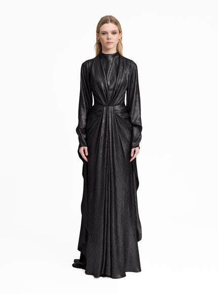 Gemy Maalouf Draped Lamé Gown With Ruffles Black