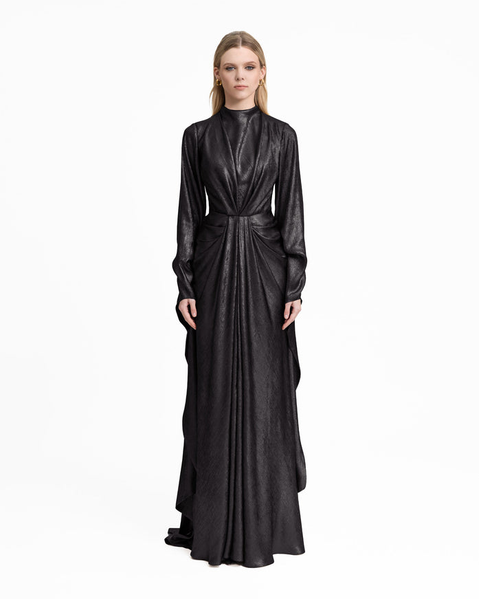 Gemy Maalouf Draped Lamé Gown With Ruffles Black
