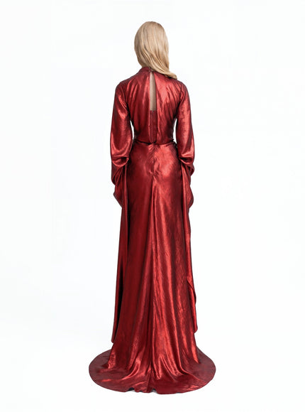 Gemy Maalouf Draped Lamé Gown With Ruffles Red