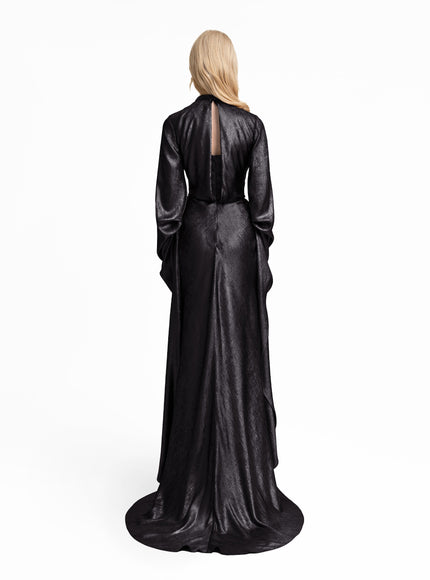Gemy Maalouf Draped Lamé Gown With Ruffles Black