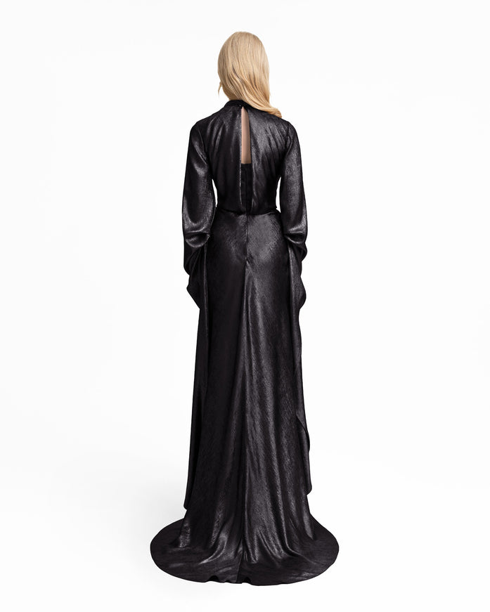 Gemy Maalouf Draped Lamé Gown With Ruffles Black