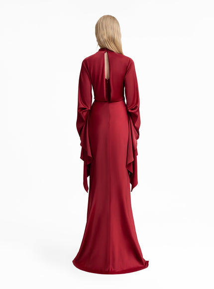 Gemy Maalouf Draped Waist Gown With Ruffled Sleeves Red