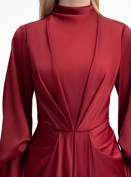 Gemy Maalouf Draped Waist Gown With Ruffled Sleeves Red