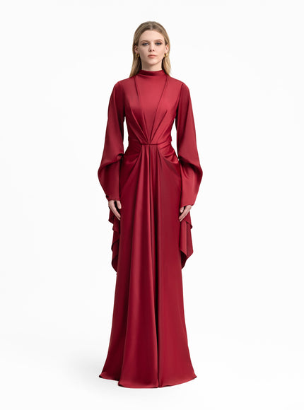 Gemy Maalouf Draped Waist Gown With Ruffled Sleeves Red