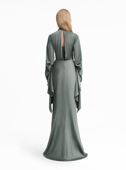 Gemy Maalouf Draped Waist Gown With Ruffled Sleeves Green