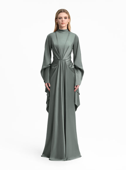 Gemy Maalouf Draped Waist Gown With Ruffled Sleeves Green