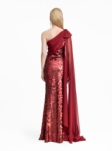 Gemy Maalouf Sequin Gown With Cape Sleeve & Bow