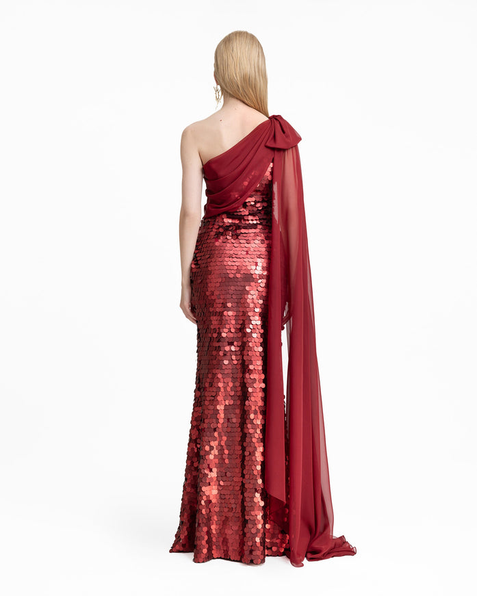 Gemy Maalouf Sequin Gown With Cape Sleeve & Bow