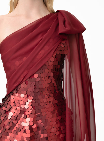 Gemy Maalouf Sequin Gown With Cape Sleeve & Bow