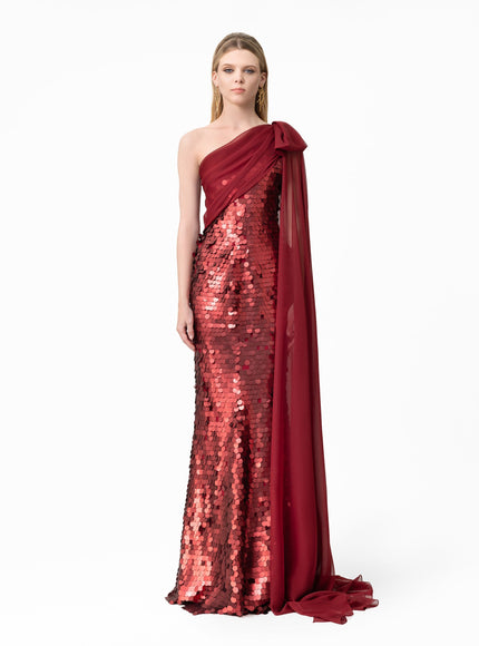 Gemy Maalouf Sequin Gown With Cape Sleeve & Bow