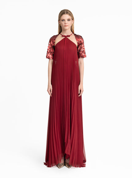 Gemy Maalouf Halter Plissé Gown With Bow And Bolero Sleeves