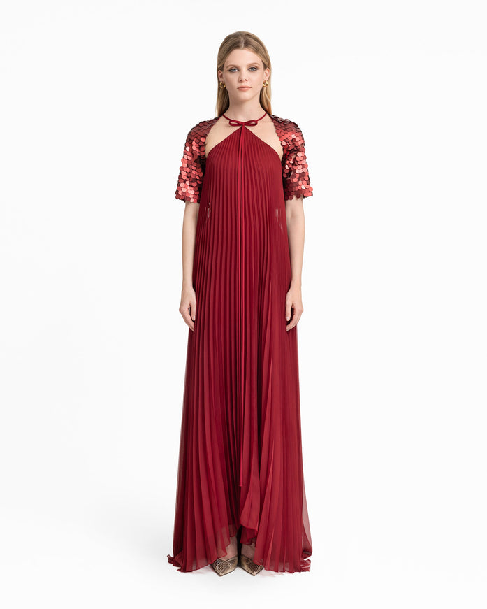 Gemy Maalouf Halter Plissé Gown With Bow And Bolero Sleeves
