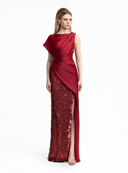 Gemy Maalouf Asymmetrical Satin Gown With Slit And Sequins