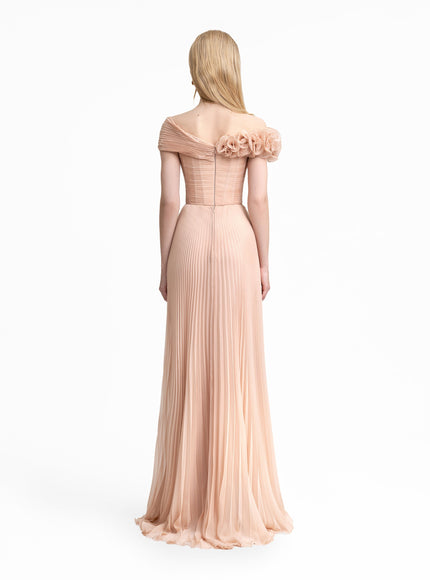 Gemy Maalouf Asymmetrical Chiffon Corset Gown Beige