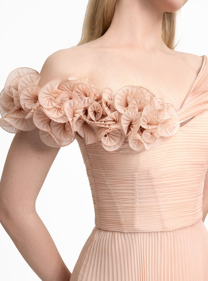 Gemy Maalouf Asymmetrical Chiffon Corset Gown Beige