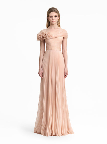 Gemy Maalouf Asymmetrical Chiffon Corset Gown Beige