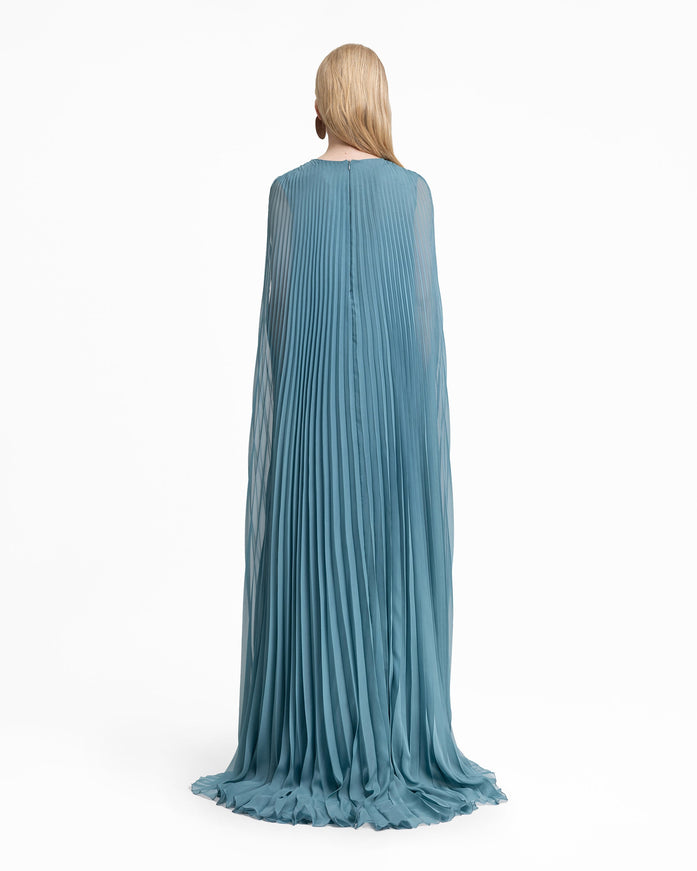Gemy Maalouf Plissé V-Neck Gown With Cape Sleeves
