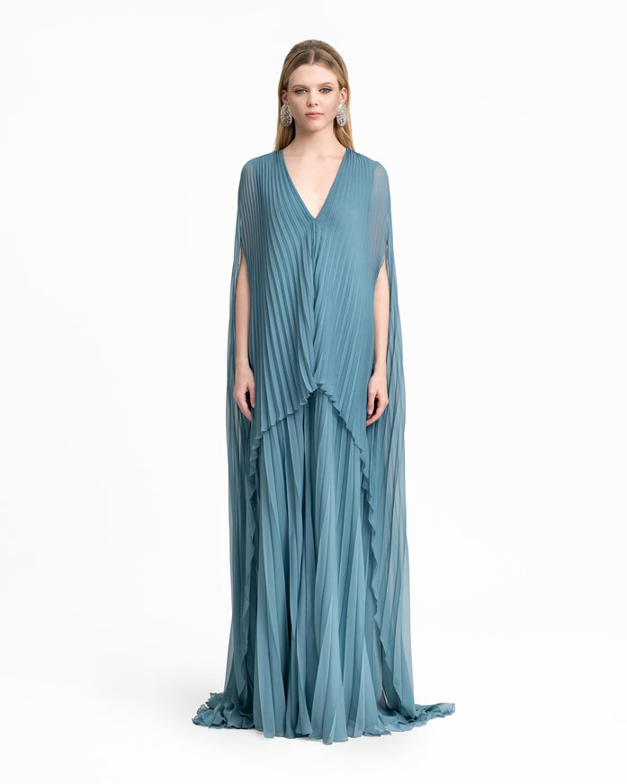 Gemy Maalouf Plissé V-Neck Gown With Cape Sleeves