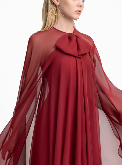 Gemy Maalouf Bow Detail Cape-Sleeve Gown - Red - fabric closeup