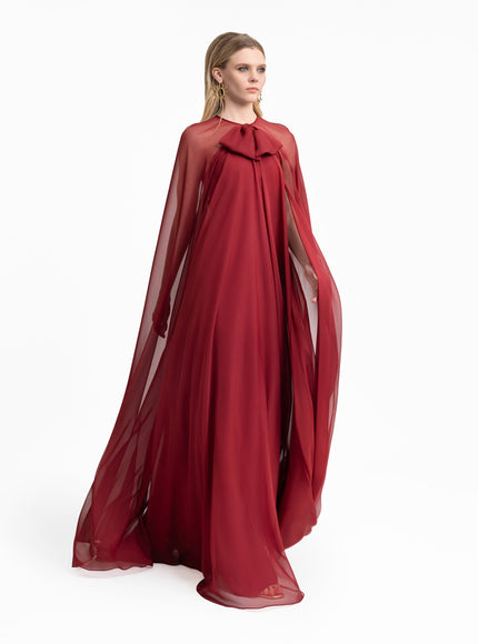 Gemy Maalouf Bow Detail Cape-Sleeve Gown - Red - front