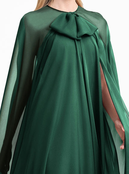 Gemy Maalouf Bow Detail Cape-Sleeve Gown - Green - fabric closeup